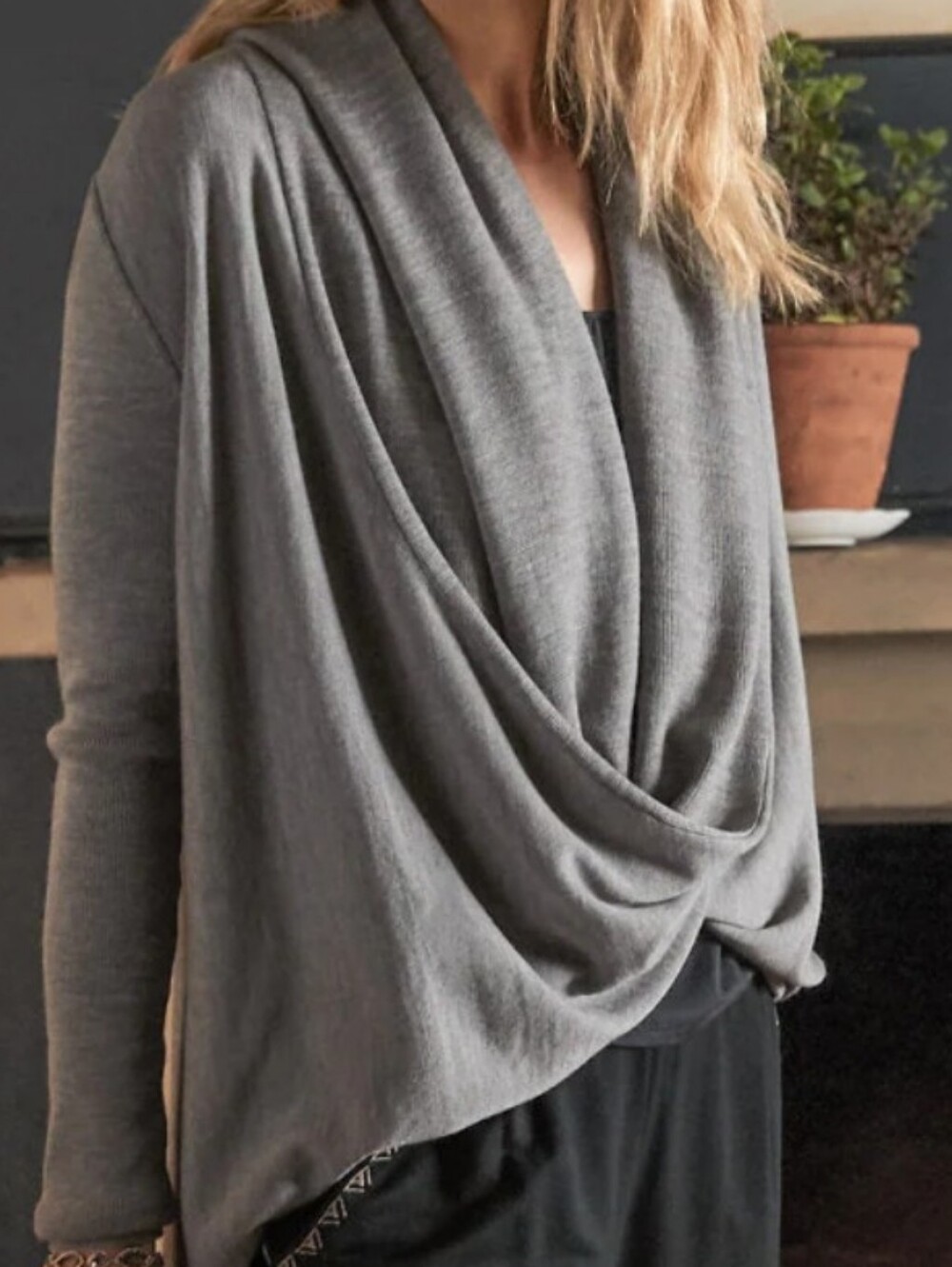 Garnet Hill Eco Merino Wool Convertible Cardigan Gray Shawl Wrap Sweater M